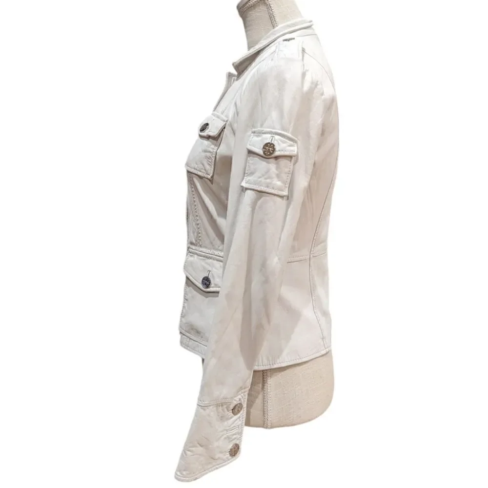 Tory Burch Women's Genuine Leather Utility Military Jacket in White Size 2